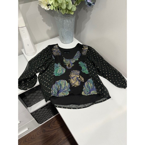 Cynthia Rowley Tops - Cynthia‎ Rowley night out black Metallic Dot Long Sleeve Blouse Top XS
